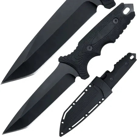 Deluxe knife with black blade, rubber handle and moulded sheath.