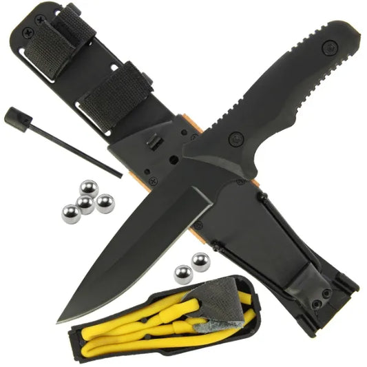 Fixed Blade Knife- All Black Stainless Steel Knife with Accessories