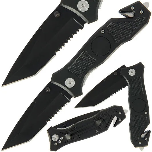 Lock Knife -  Black with Rope Cutter, Glass Breaker and SS Handle